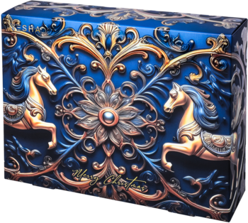 Granatowe pudełko świąteczne z wytłaczanymi, złotymi wzorami, końmi i napisem Merry Christmas, widok z przodu.