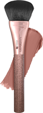 Pędzel do konturowania AA Wings Of Color Midnights: czarne włosie, brokatowa rączka w kolorze różowego złota. Z przodu, smuga kremowego produktu.