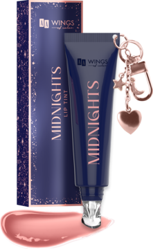 AA Wings Of Color Midnights Lip Tint do ust w granatowej tubce z różowo-złotym brelokiem, obok pudełko i jasnoróżowy swatch.