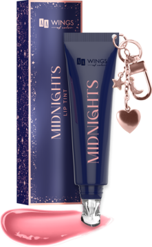 AA Wings Of Color Midnights Lip Tint, granatowa tubka z brokatowym pudełkiem, obok różowy tint z drobinkami.