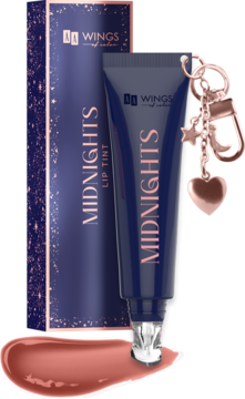 AA Wings Of Color Midnights lip tint: ciemnoniebieska tubka z różowo-złotym brelokiem, pudełko, próbka koloru.