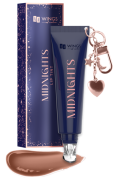 AA Wings Of Color Midnights Lip Tint, granatowa tubka z różowym charmsem, pudełko, brązowy swatch. Widok z przodu.