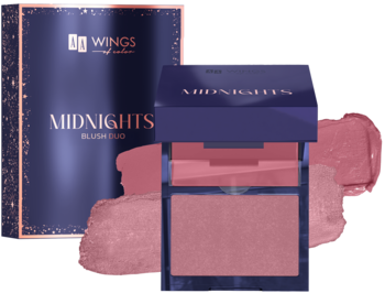 AA Wings of Color Midnights podwójny róż Nightfall Rose z otwartym opakowaniem i swatche, obok granatowe pudełko.