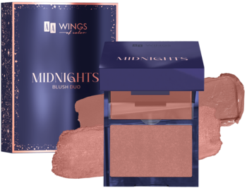 Podwójny róż AA Wings of Color Midnights Honey Twilight. Otwarty, ciemny kompakt z dwoma brzoskwiniowymi odcieniami; pudełko z tyłu.