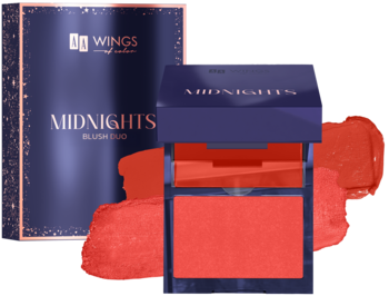 AA Wings of Color Midnights podwójny róż Burning Sky, otwarty kompakt z koralowym odcieniem obok ciemnego pudełka.