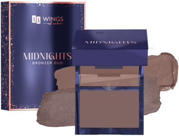 AA Wings Of Color Midnights Bronzer Duo, otwarty kompakt z dwoma brązowymi odcieniami bronzera, obok pudełko.
