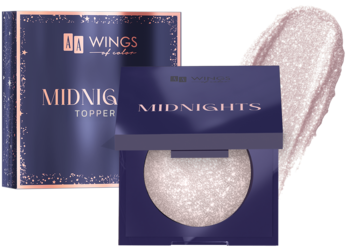 AA Wings Of Color Midnights Topper do oczu, iskrzący cień w ciemnofioletowym otwartym opakowaniu, z pudełkiem i swatch.