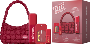 Czerwony zestaw Local Heroes x Pheym AURA: pikowana torebka, mgiełka, perfumy i błyszczyk w opakowaniu.