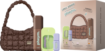 Zestaw Local Heroes x Pheym OASIS: brązowa torebka, mgiełka, perfumy VIBE i pudełko.
