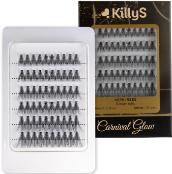 Kępki rzęs KillyS Carnival Glow czarne, ułożone na białej tacce, z boku widoczne czarno-złote opakowanie.