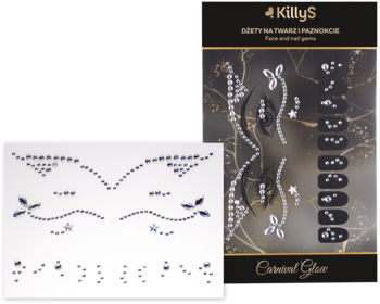 Zestaw cyrkonii KillyS do twarzy i paznokci: srebrno-fioletowe kamyki na arkuszu oraz ciemne, eleganckie opakowanie.