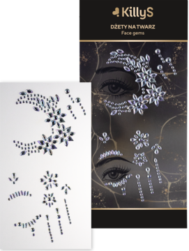 Opakowanie i arkusz holograficznych dżetów KillyS na twarz, samoprzylepne, w kształcie kwiatów i łezek.
