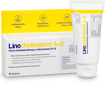 Linocholesterol A+E, nawilżający krem cholesterolowy w białej tubce i pudełku z żółtymi akcentami.