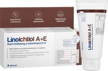 Krem Linoichtiol A+E ichtiolowy z witaminami A+E w białym opakowaniu i tubce, na swędzącą skórę.