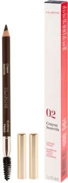 Trwała kredka do brwi Clarins Light Brown z pędzelkiem, pionowo obok biało-czerwonego opakowania.