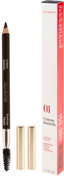 Clarins trwała kredka do brwi 01 Dark Brown z pędzelkiem, obok pionowego biało-czerwonego opakowania.