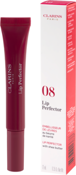 Bordowy błyszczyk Clarins Lip Perfector 08 w tubce z napisem, obok białe opakowanie z czerwonymi detalami.