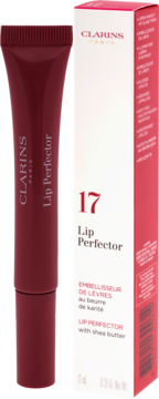 Clarins Lip Perfector 17 Intense Maple, błyszczyk do ust w ciemnoczerwonej tubce obok białego opakowania.