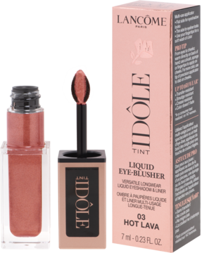 Lancôme Idôle Tint w odcieniu Hot Lava, płynny cień i róż, obok opakowania, z widocznym aplikatorem.