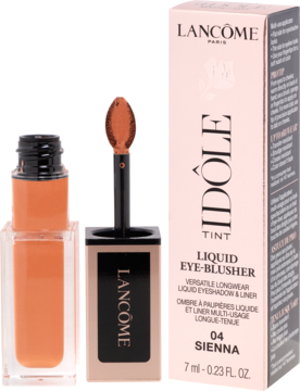 Lancôme Idôle Tint Sienna, płynny cień i róż. Opakowanie kartonowe i otwarta butelka z aplikatorem, przód.