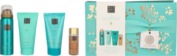 Rituals The Ritual of Karma zestaw: nawilżający lotion, delikatny peeling, pianka i olejek do ciała w turkusowym pudełku prezentowym.