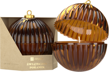 Brązowa szklana świeca w kształcie żebrowanej bombki, jedna w opakowaniu, druga otwarta, widok z przodu.