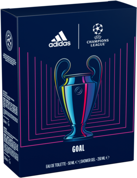 Adidas UEFA Goal: ciemnoniebieski zestaw zapachowy 50ml/250ml. Na froncie grafika pucharu Ligi Mistrzów, widok kątowy.