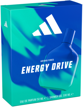 Zestaw męski adidas Energy Drive: dynamiczne niebiesko-zielone pudełko z flakonem EDP 50ml i żelem 100ml.