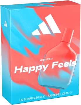 Zestaw Adidas Happy Feels Vibes: woda perfumowana i żel w niebiesko-czerwonym pudełku z widoczną butelką.