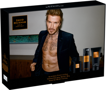 Front ciemnego zestawu David Beckham Bold Instinct z wodą perfumowaną, dezodorantem, żelem i wizerunkiem Beckhama.