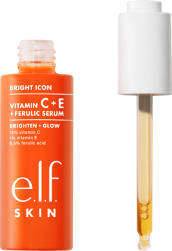 Elf SKIN Bright Icon Vitamin C+E+Ferulic Serum w pomarańczowej butelce z wyjętym zakraplaczem, widok z przodu.