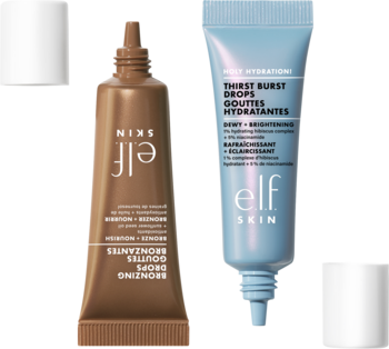 e.l.f. SKIN Holy Hydration! Thirst Burst i Bronzing Drops, serum w niebieskiej i brązowej tubce, obok siebie.