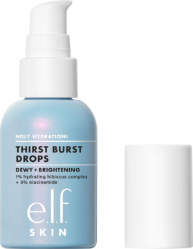 e.l.f. Thirst Burst Drops, żelowe serum nawilżająco-rozświetlające. Błękitna butelka z pompką, obok biała zakrętka.