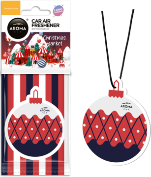 Celulozowa zawieszka zapachowa AROMA CAR. Czerwono-biała bombka z niebieskim, na tle opakowania z motywem świątecznym.
