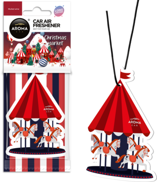 Celulozowa zawieszka zapachowa AROMA, karuzela z końmi, obok opakowania z jarmarkiem bożonarodzeniowym.