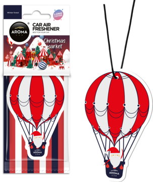AROMA Christmas Market celulozowa zawieszka zapachowa do auta, czerwono-biały balon z Mikołajem, opakowanie.