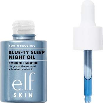 Olejek na noc e.l.f. Skin Blue-Ty Sleep z granaktywnym retinoidem w niebieskiej butelce z zakraplaczem.