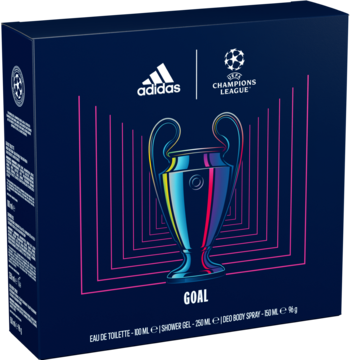 Adidas UEFA Goal zestaw prezentowy z wodą toaletową, żelem i dezodorantem. Ciemnoniebieskie pudełko z trofeum, widok przód.