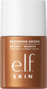 Brązujące krople e.l.f. SKIN Bronzing Drops Bronze + Nourish, w małej brązowej butelce z białym wieczkiem, widok z przodu.