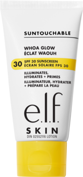 e.l.f. Skin Suntouchable Whoa Glow SPF 30 sunscreen w białej tubce z żółtym zamknięciem, widok z przodu.