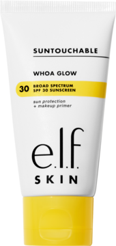 e.l.f. SKIN Suntouchable Whoa Glow SPF 30 Sunscreen w białej tubce z żółtą nakrętką, widok z przodu.