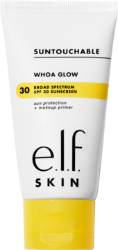 e.l.f. Skin Suntouchable Whoa Glow SPF 30, biała tubka z żółtą nakrętką, chroni i gruntuje makijaż, widok z przodu.