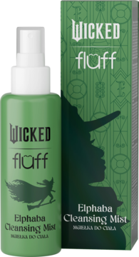 Zielona mgiełka do ciała Elphaba Cleansing Mist i pudełko z logo Wicked fluff i wizerunkiem wiedźmy.