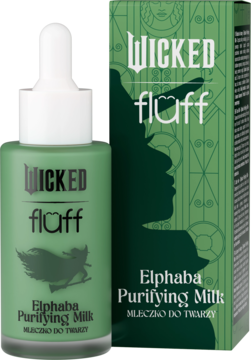 Zielone mleczko oczyszczające Wicked fluff Elphaba Purifying Milk z pipetą, butelka i pudełko z motywem wiedźmy.