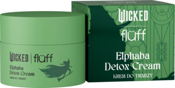 Zielony słoik kremu Wicked floff Elphaba Detox Cream do cery tłustej oraz pasujące pudełko.