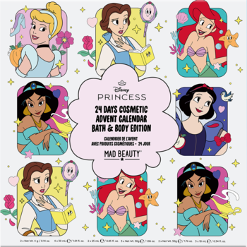 Disney Princess 24 Days Cosmetic Advent Calendar Bath & Body Edition, kwadratowy widok z góry.