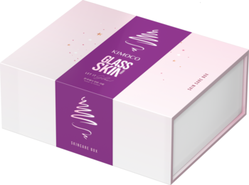 Zestaw Kimoco Glass Skin w białym pudełku z fioletową opaską i grafiką choinki, widok z góry.