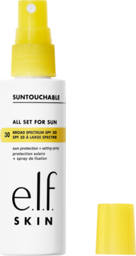 elf SKIN SPF 30 spray utrwalający, biała butelka z żółtą nakrętką obok, widok z przodu na żółtym tle.