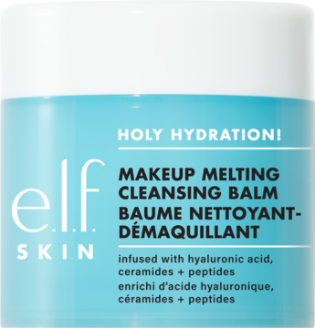 Biały słoik e.l.f. SKIN Holy Hydration! Makeup Melting Cleansing Balm, przód, z kwasem hialuronowym i ceramidami.