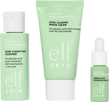 Zestaw e.l.f. SKIN Blemish Breakthrough: trzy zielone kosmetyki do cery trądzikowej na zielonym tle.